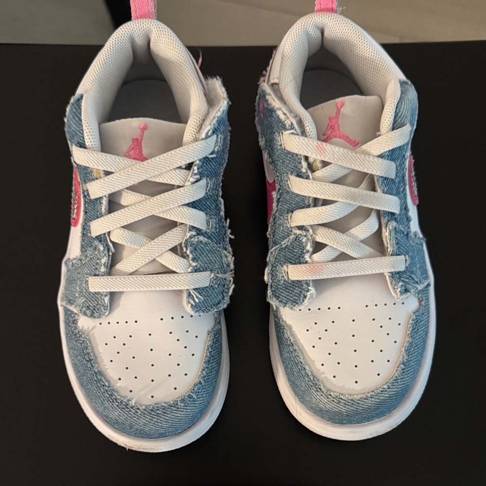 Kids Jordan White & Denim Jumpman Sneakers with Pink Accents